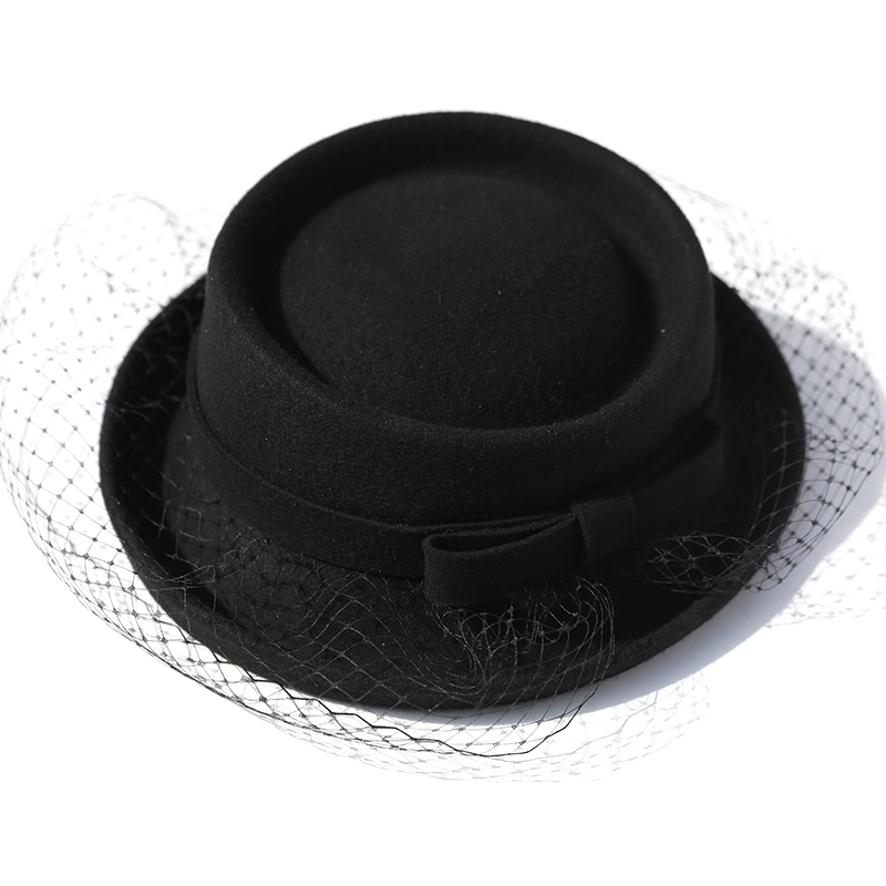 秋冬氣質禮帽女宴會頭飾女卷邊蕾絲蝴蝶結網(wǎng)紗畫家帽貝雷帽復古